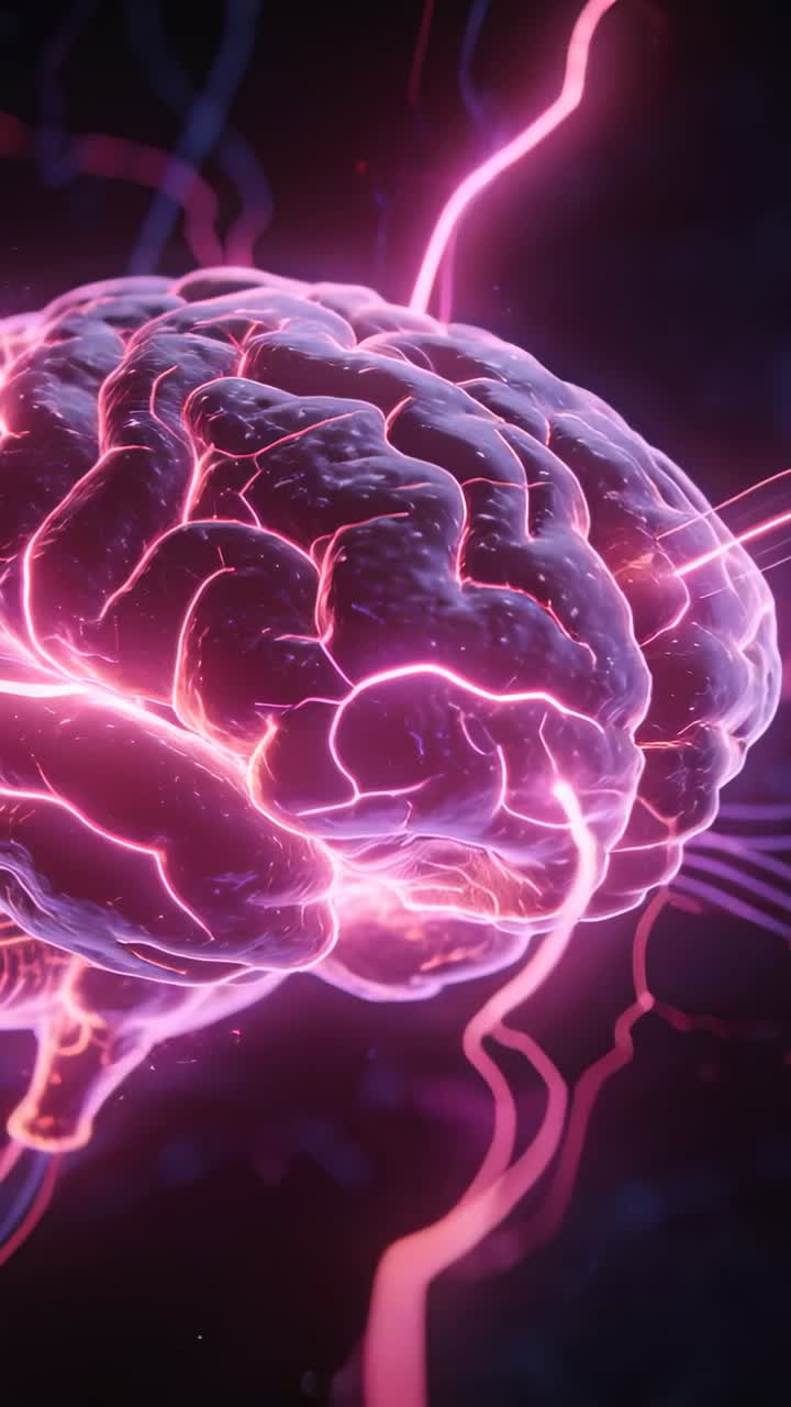 Vertical video: Neon filaments igniting, brain rotating inward while pulses tracing neural links