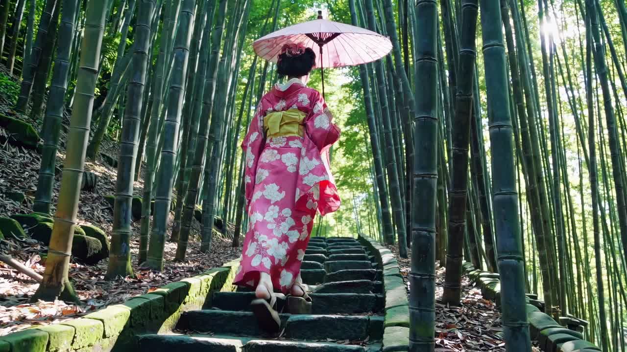 A woman in a pink kimono with an umbrella walks up stone steps in a bamboo forest