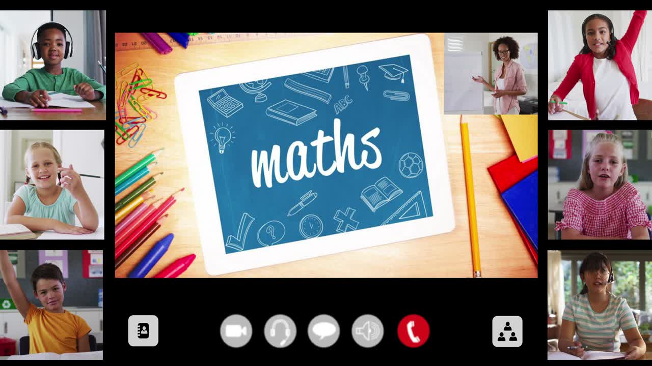 анимация экрана интерфейса с текстом, математикой, учителем и шестью различными детьми в онлайн-уроке