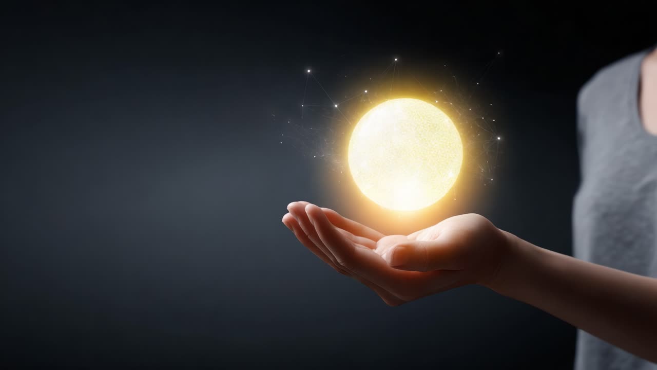 Captivating and Mystical Moments of a Hand Cradling an Ethereal Sphere of Light, Transitioning from a Networked Glow to an Illuminated Orb, Symbolizing Potential and Creation