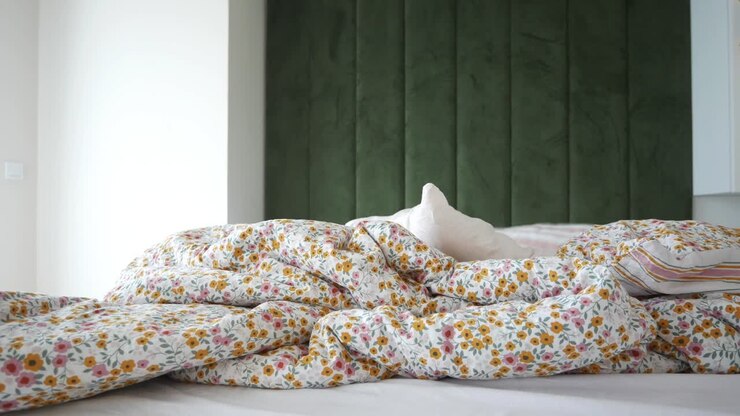 Camera da letto accogliente con biancheria da letto floreale e una testiera verde