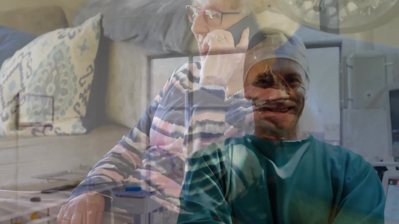 Animation of surgeons in operating room over caucasian senior men