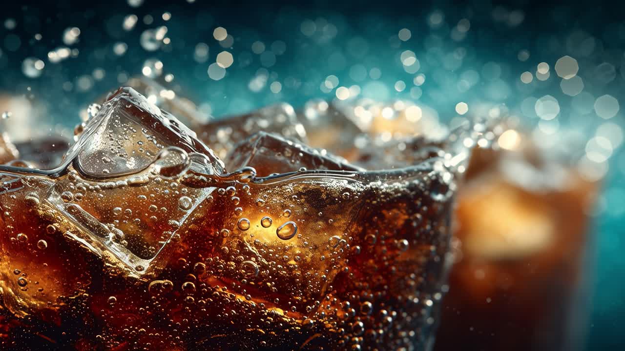 Ice cubes splashing into glass of cola with bubbles on teal background
