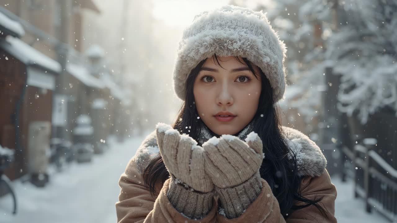 Sun backlighting, falling snow drawing Asian woman cupping mittens in narrow alley, closing eyes