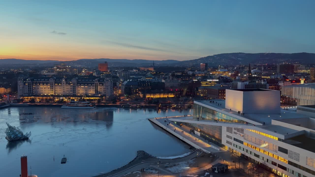 Munch Museum skybar rooftop view Oslo Opera House Norway Norge aerial drone Norwegian arctic vibrant golden hour sunset downtown cityscape Inner Oslo Fjord She Lies artwork calm frozen frigid ocean