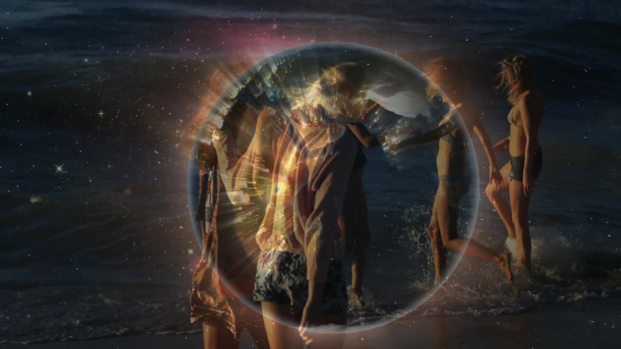 Floating sphere revealing women walking in sea at dusk rotating over space demonstrating technology