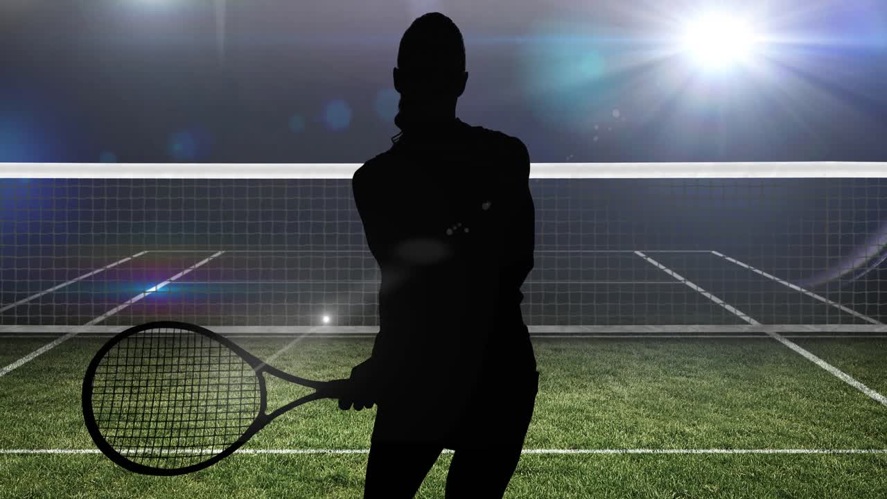 테니스 코트 에 라켓 을 들고 있는 여자 테니스 선수 의 실루 ⁇  의 애니메이션