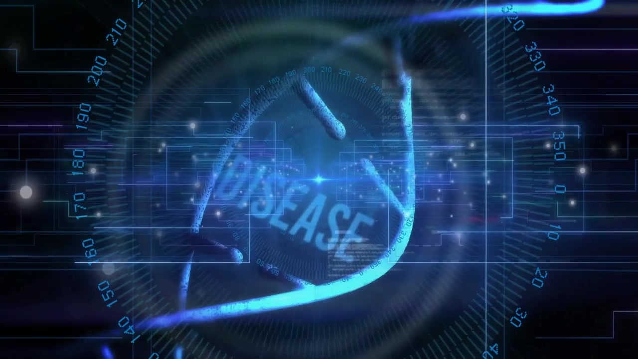 On start DNA helix forming twisting panels sliding dial rotating revealing node and disease label