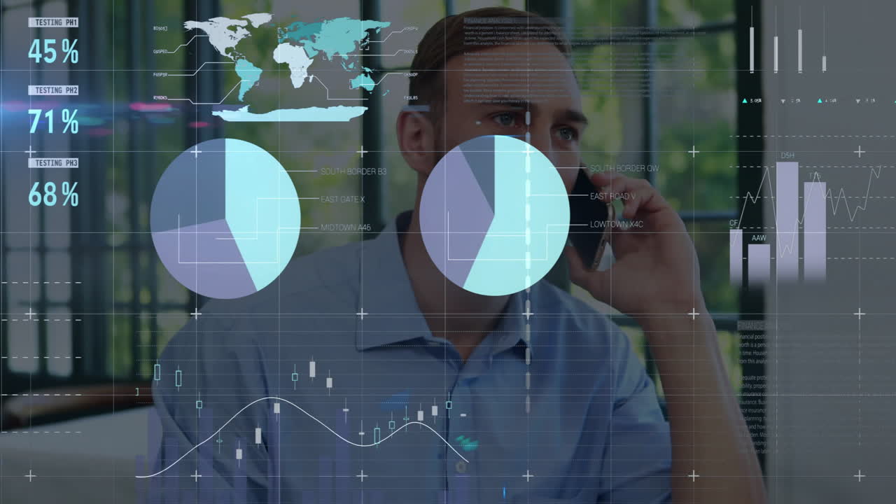 Man holding smartphone to ear in office displaying finance data overlays with pie charts bar graphs