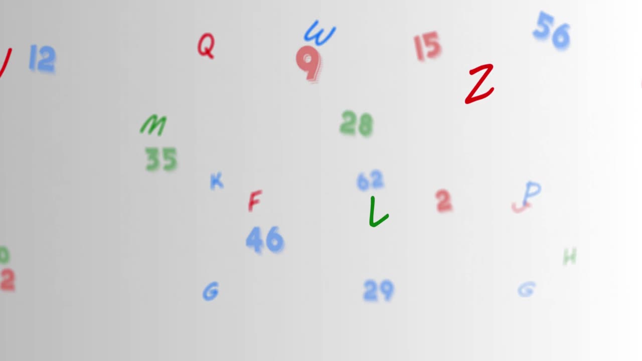 animación digital de múltiples números y alfabetos coloridos flotando contra un fondo gris
