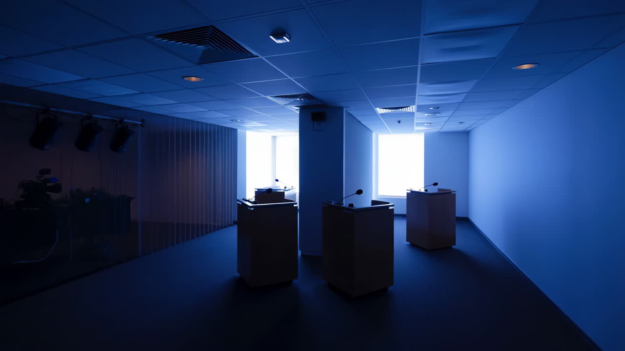 Dimly lit conference room with podiums, showing progression of people arriving and interacting