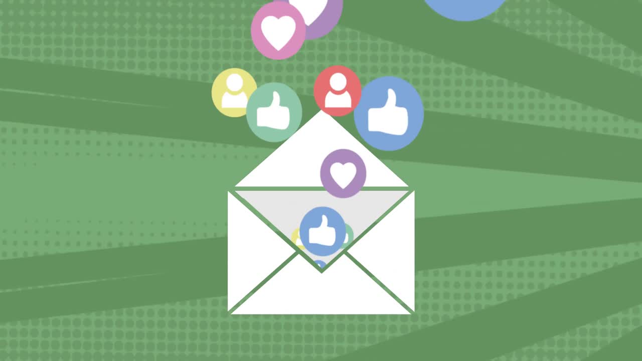 animación del icono de correo electrónico del sobre con iconos de las redes sociales en rotación en un bucle sin fisuras