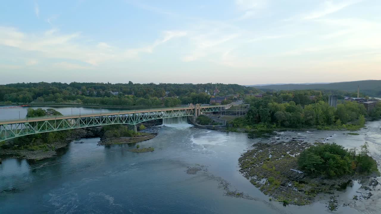 Scenic Turner Falls cascade under bridge in Massachusetts landscape