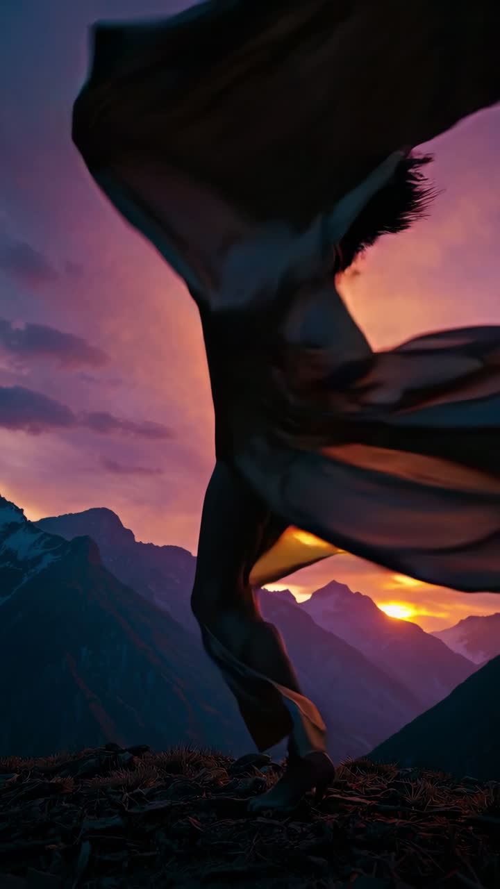 silueta de una mujer en un vestido largo al atardecer sobre las montañas