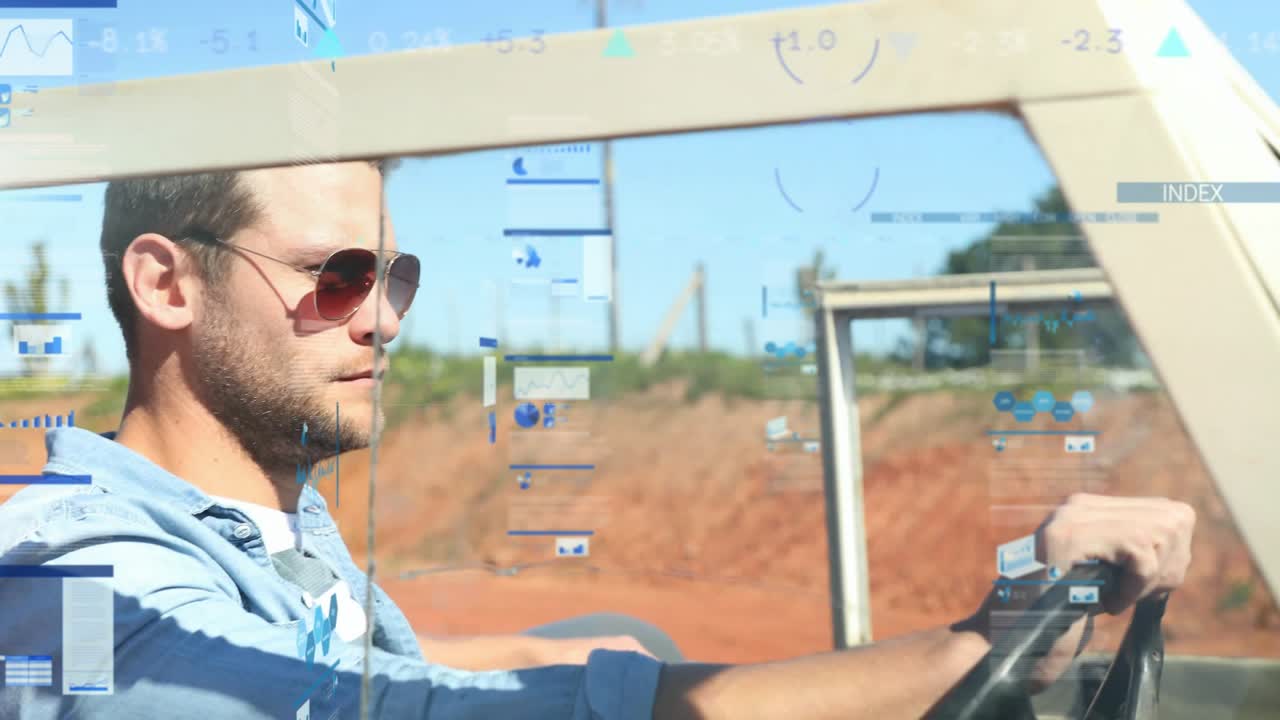 Annuncio di viaggio con un uomo che scruta il territorio attraverso gli occhiali da sole e poi afferra lo zaino per l'esplorazione