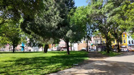 urban park scene with colorful buildings