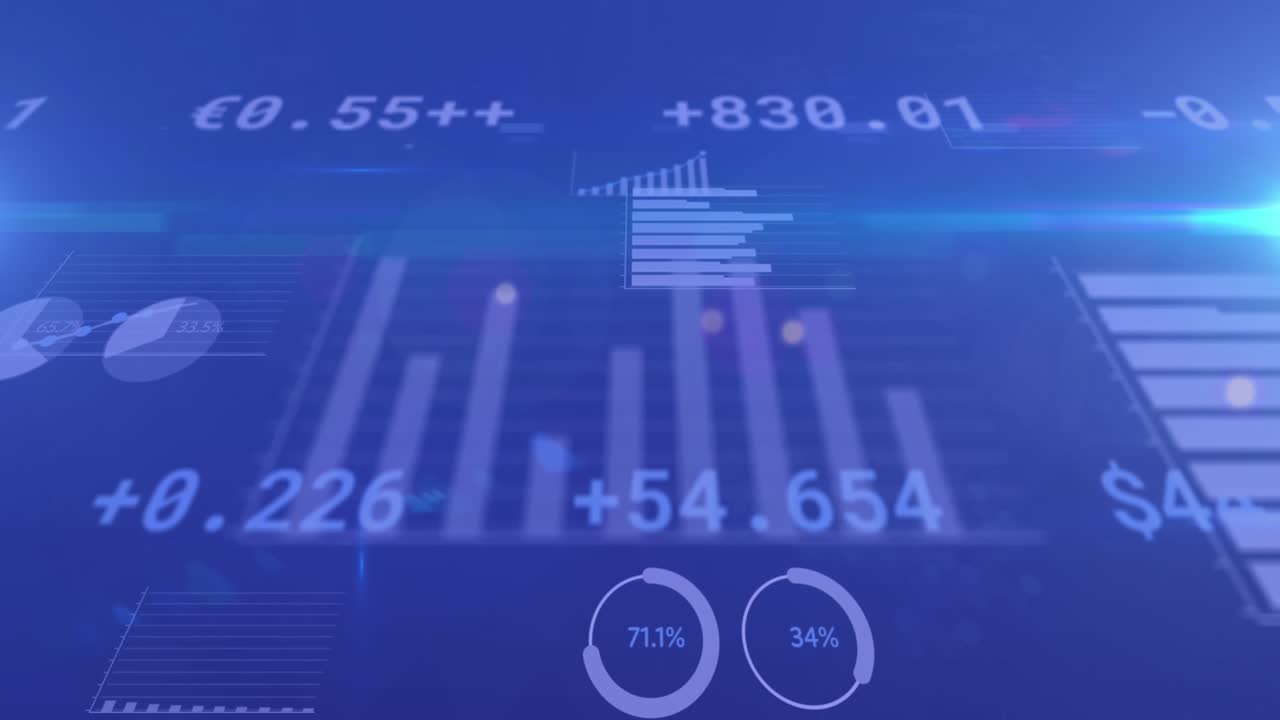Animation of pink ribbon and data processing on blue background