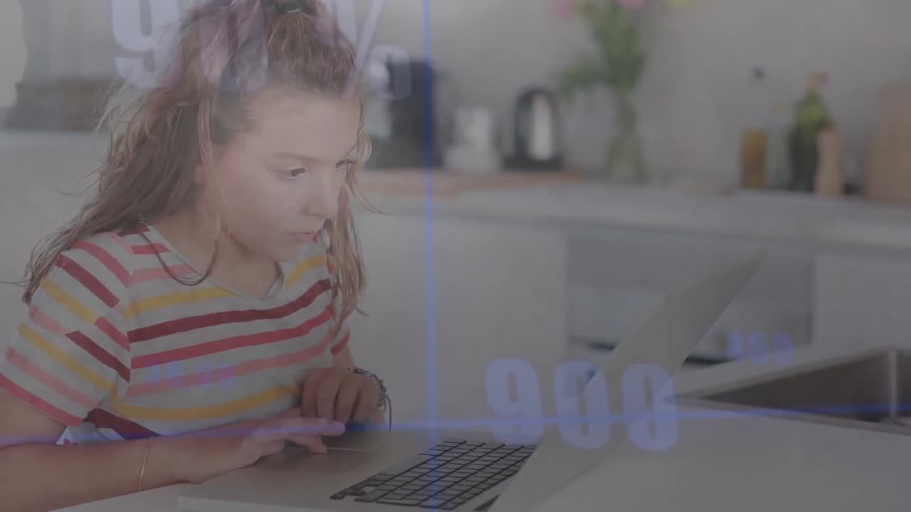 Animation of changing numbers over caucasian girl using laptop at home