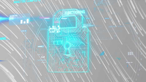 animation of data processing over security padlock icon against light trails on grey background