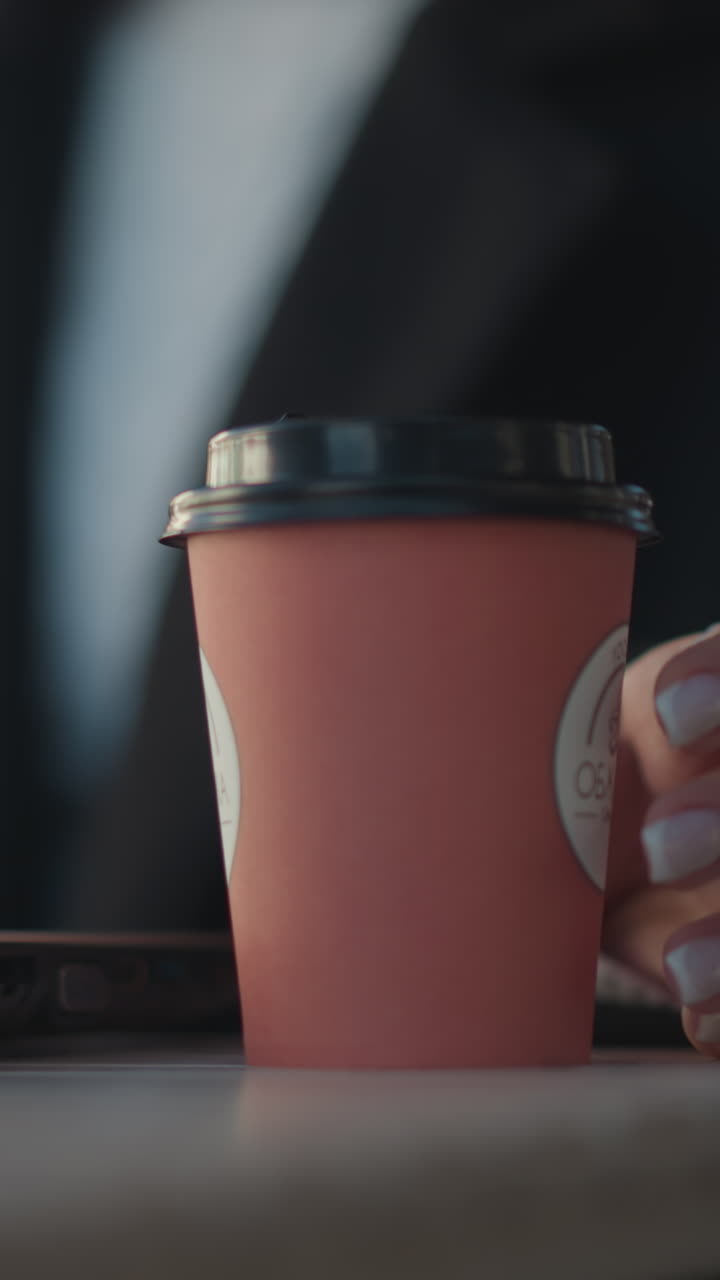 primer plano de una computadora portátil en la mesa con la mano en un abrigo negro, uñas pulidas, dejando caer una taza de café rosa en la superficie de la mesa se sienta, fondo borroso