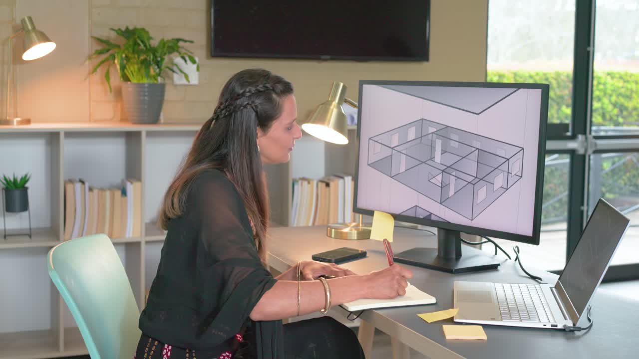 Donna indiana seduta in ufficio che osserva la planimetria 3D, digita sul portatile, scrive note di design