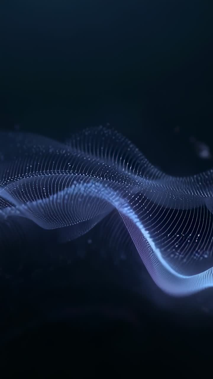 Vertical video: Starting luminous dotted ribbon morphing across navy gradient, with particle specks