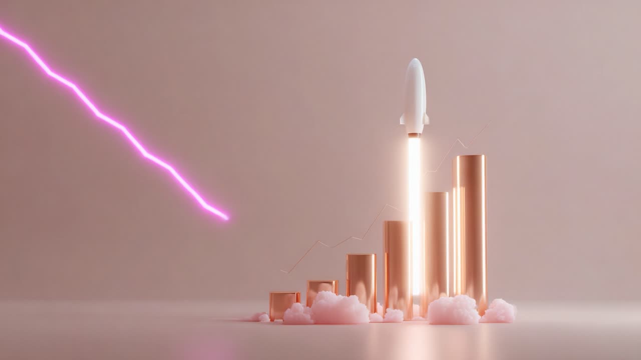 A futuristic rocket launching from a series of sleek, metallic bars, symbolizing growth and innovation, surrounded by clouds and vibrant light effects in a minimalist setting