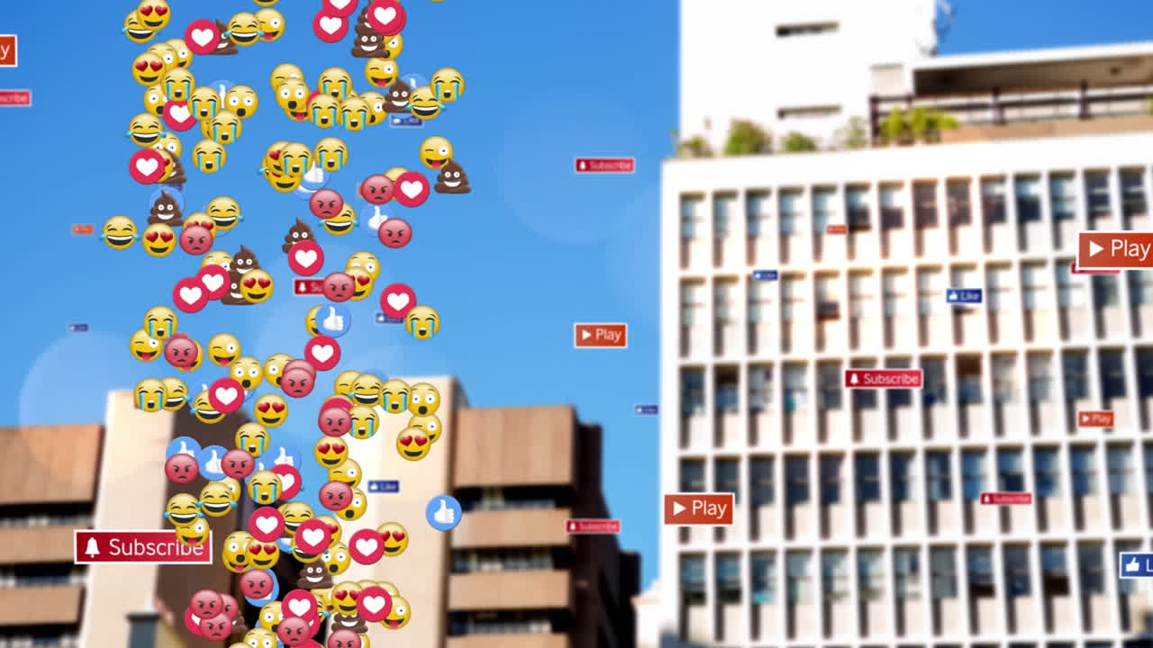 animación de iconos de redes sociales y emojis cayendo sobre el paisaje urbano