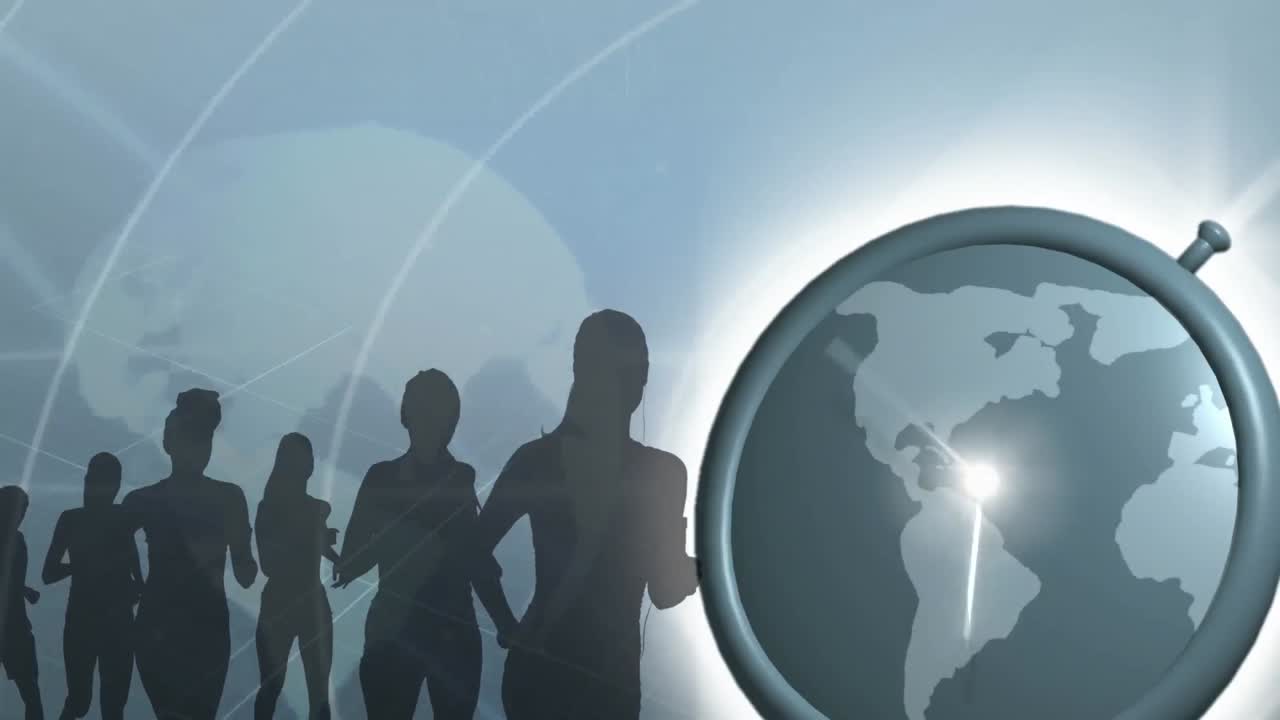 회색 바탕에 전 세계에 있는 달리기 선수들의 실루 애니메이션