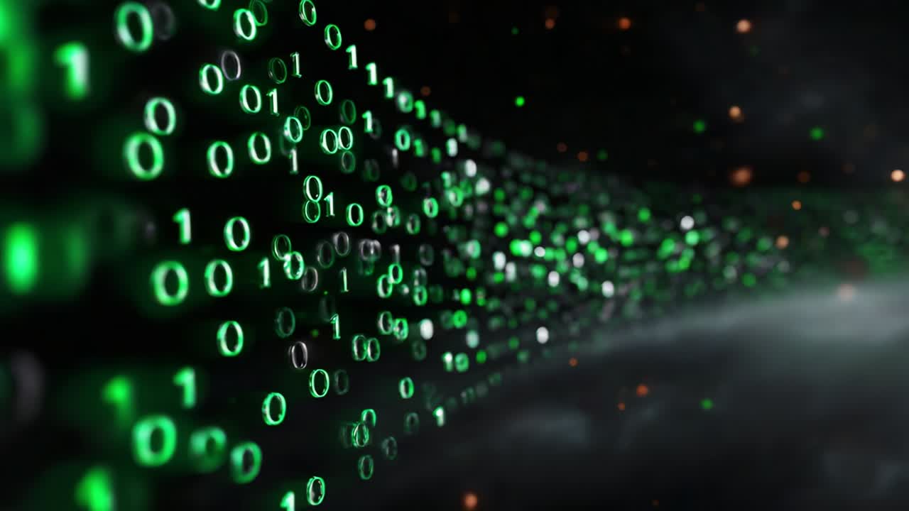 A captivating visual representation of a cascade of binary code, illustrating the endless flow of digital data in an abstract, futuristic environment, filled with vibrant green hues against a dark backdrop