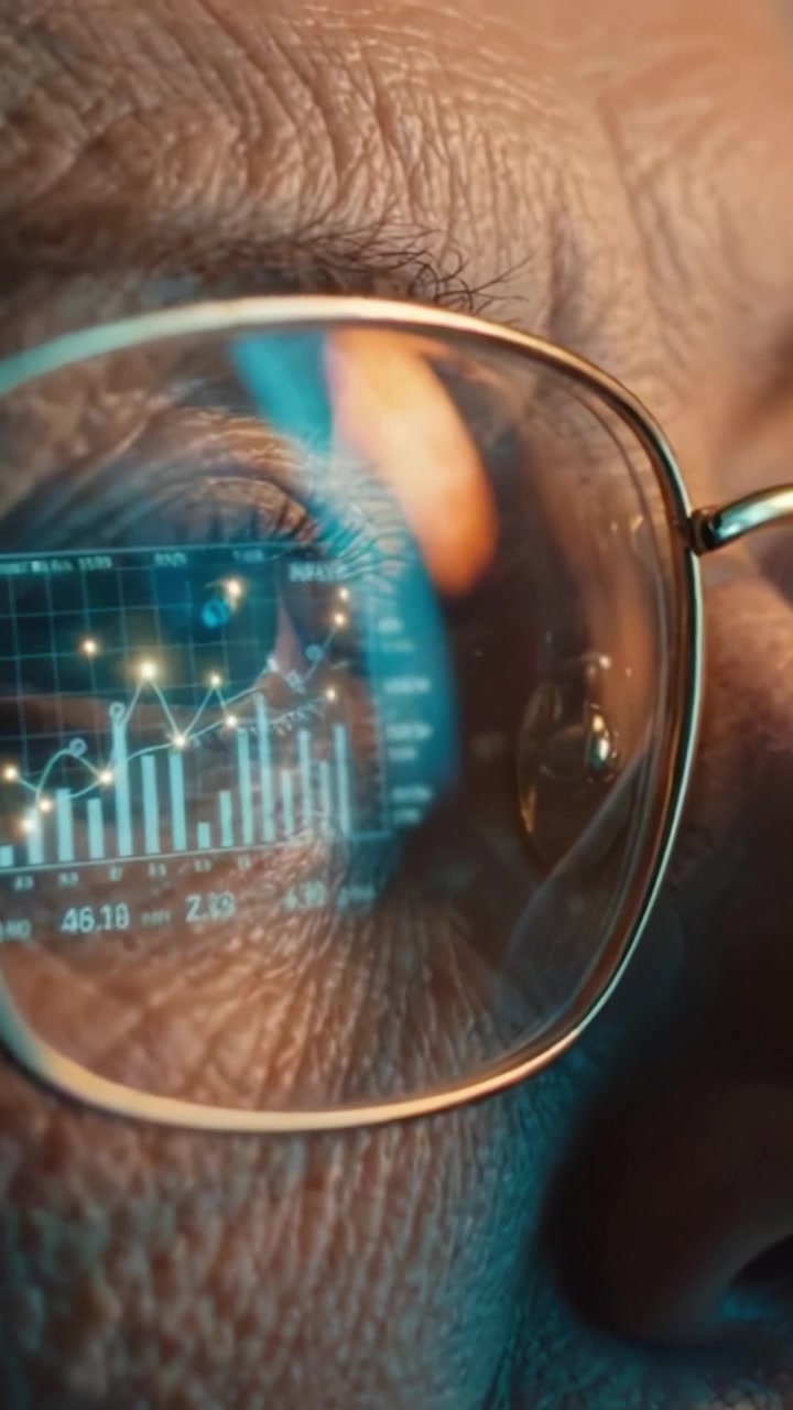 Close-Up of an Elderly Person Examining Digital Data Through Glasses, Focusing on Financial Graphs and Trends in Their Reflection