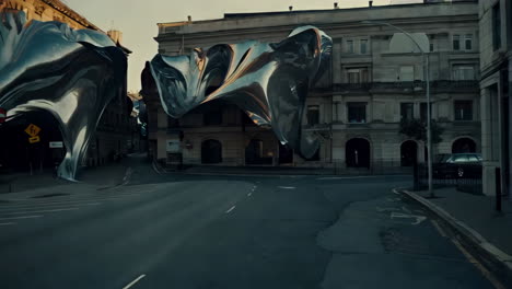 surreal urban street with reflective metallic distortions