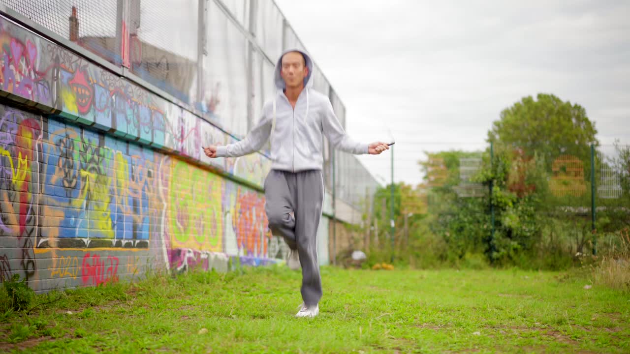 도시 환경에서 로프 점프하는 남자