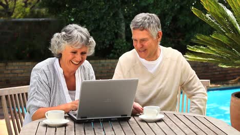 mature couple working with laptop in garden