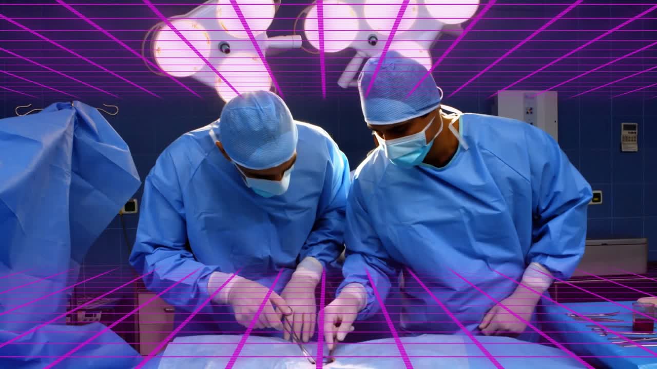 Surgical team prepping tools and applying antiseptic for incision, making cut under surgical lights