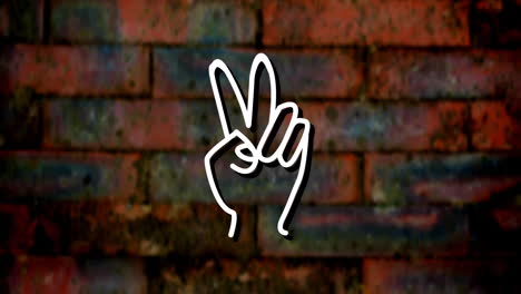 animation of white neon peace sign hand, over brick wall