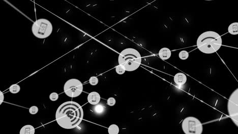 animación de la red de conexiones de iconos wi fi en fondo negro