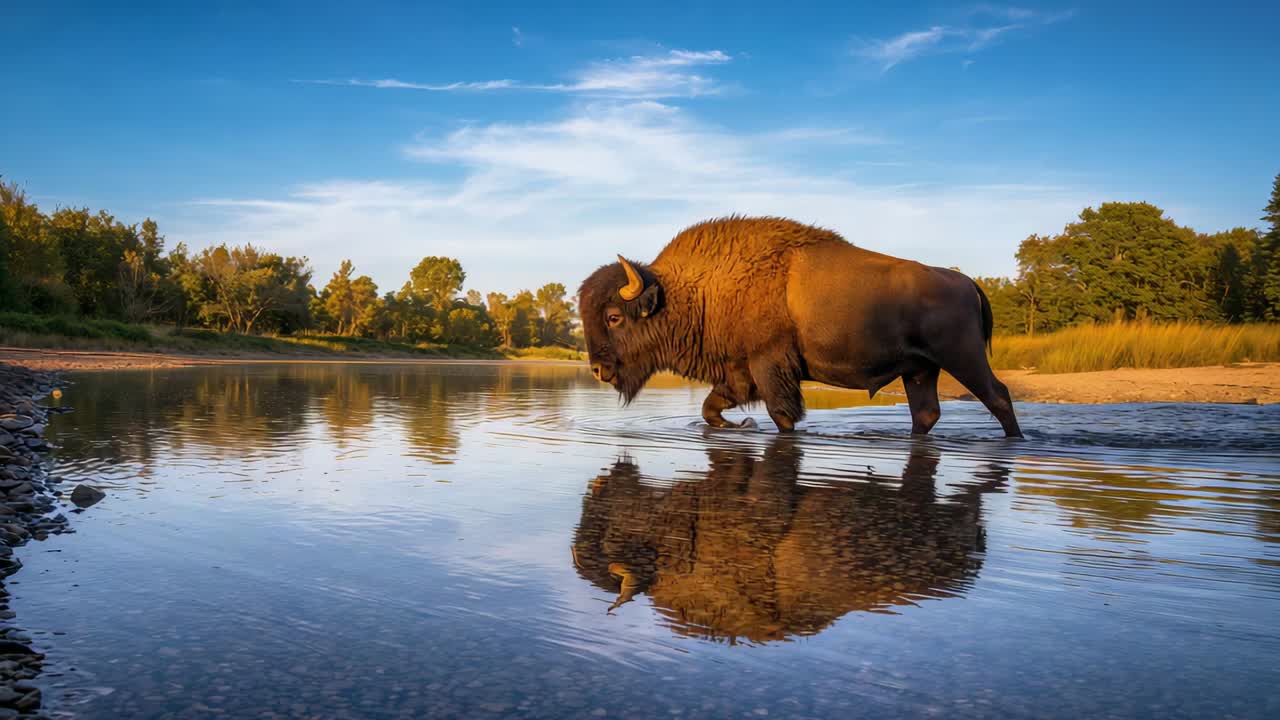 Lifting front hoof, adult American bison walking left across shallow river, creating ripples
