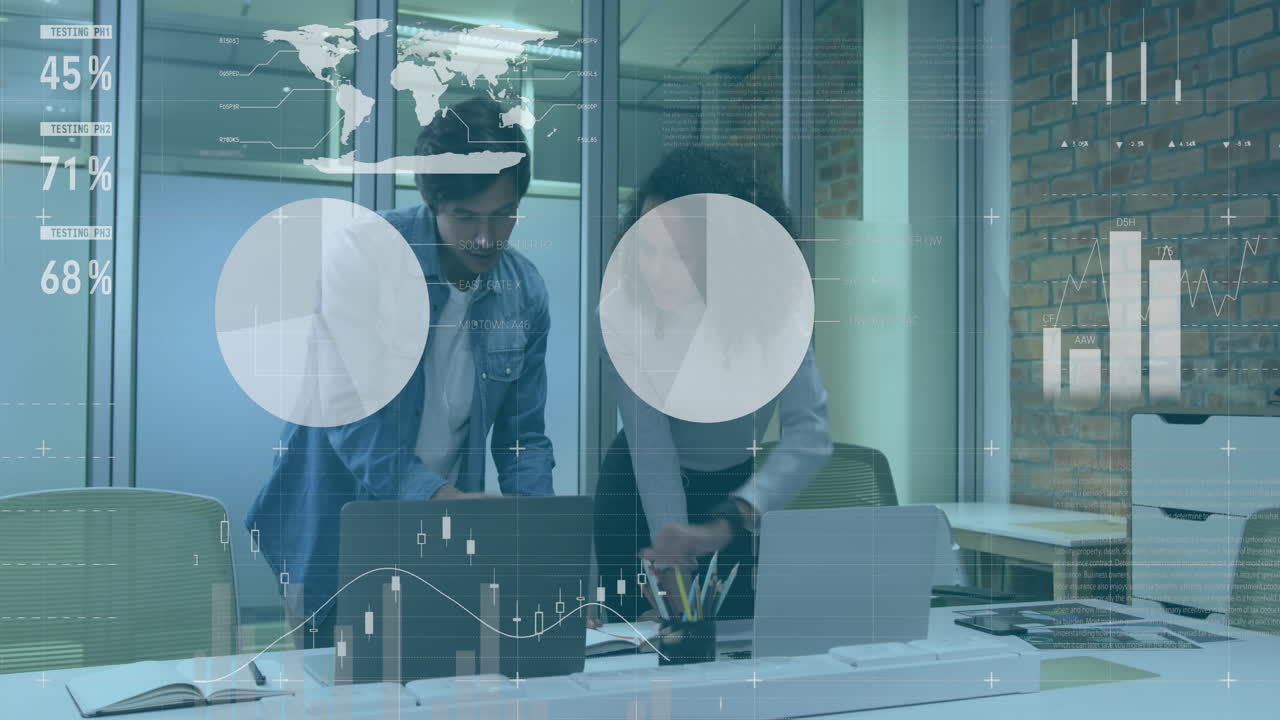 Animation of statistical data processing against diverse man and woman shaking hands at office