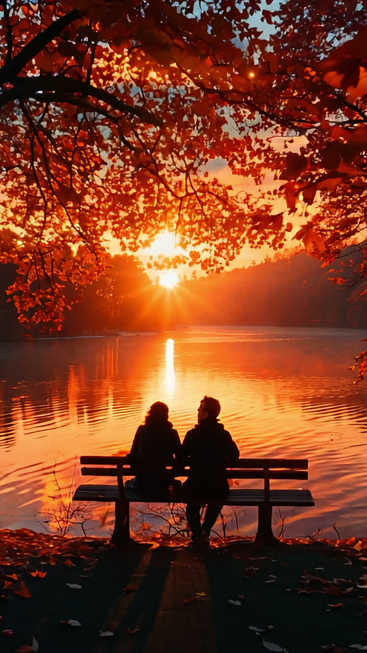 Couple Enjoys Sunset View by Tranquil Lake Surrounded by Autumn Foliage. A couple sits on a bench by a serene lake, admiring a vibrant sunset while surrounded by colorful autumn leaves.