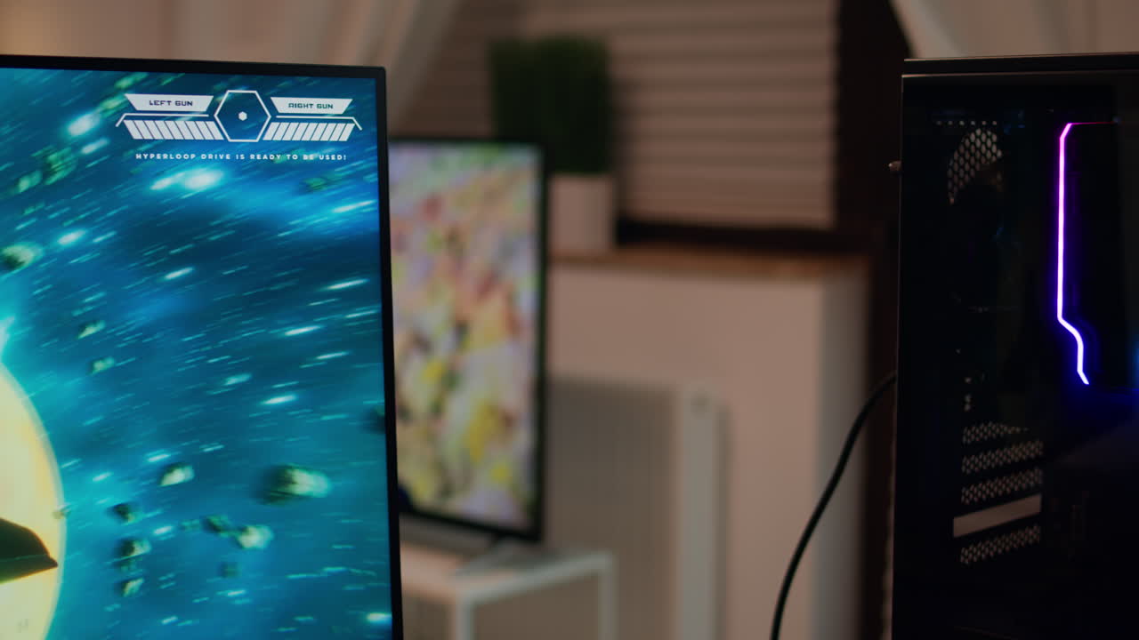 Back view shot of professional gamer playing in first-person shooter game