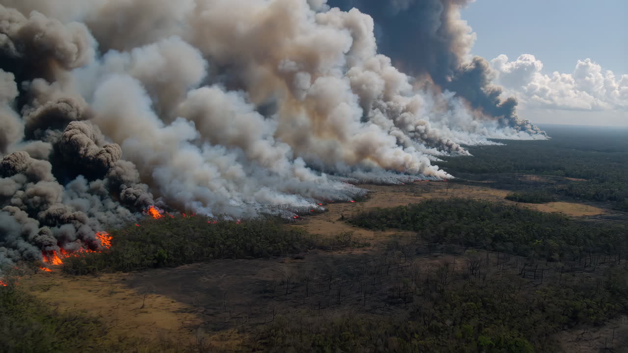 Aerial View of a Massive Wildfire Spreading Across a Dry Landscape with Extensive Smoke Plumes