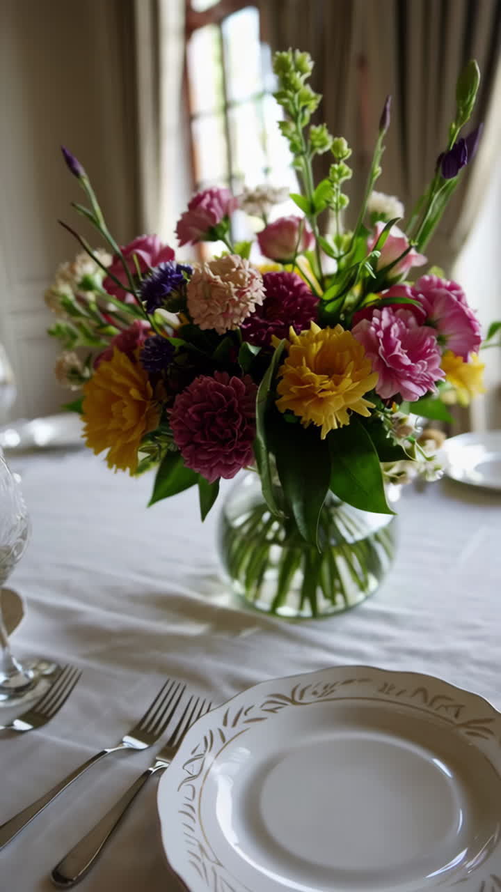 Elegant Dining Table Setting with Vibrant Floral Centerpiece