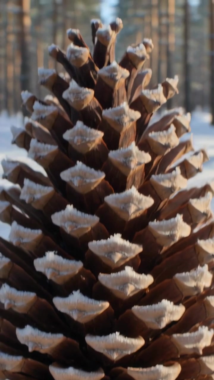 Video verticale: La telecamera si allontana rivelando una singola pigna, neve brinata e tronchi di pino.