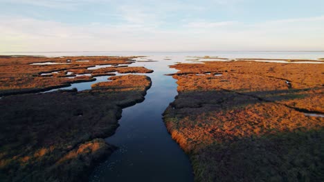 small river leading to massive lake surrounded by wetlands, aerial drone shot