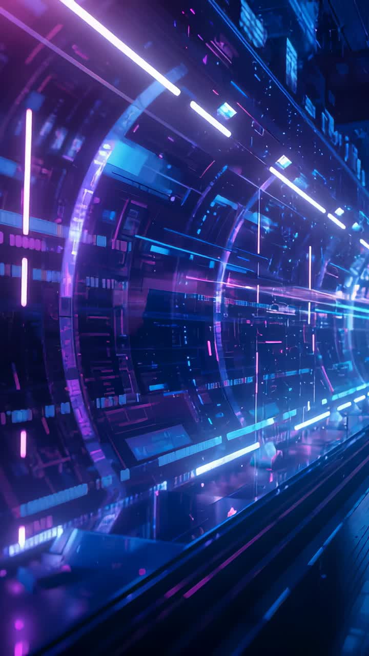 Vertical video: Panning camera advancing through neon tunnel, revealing glowing center and rings