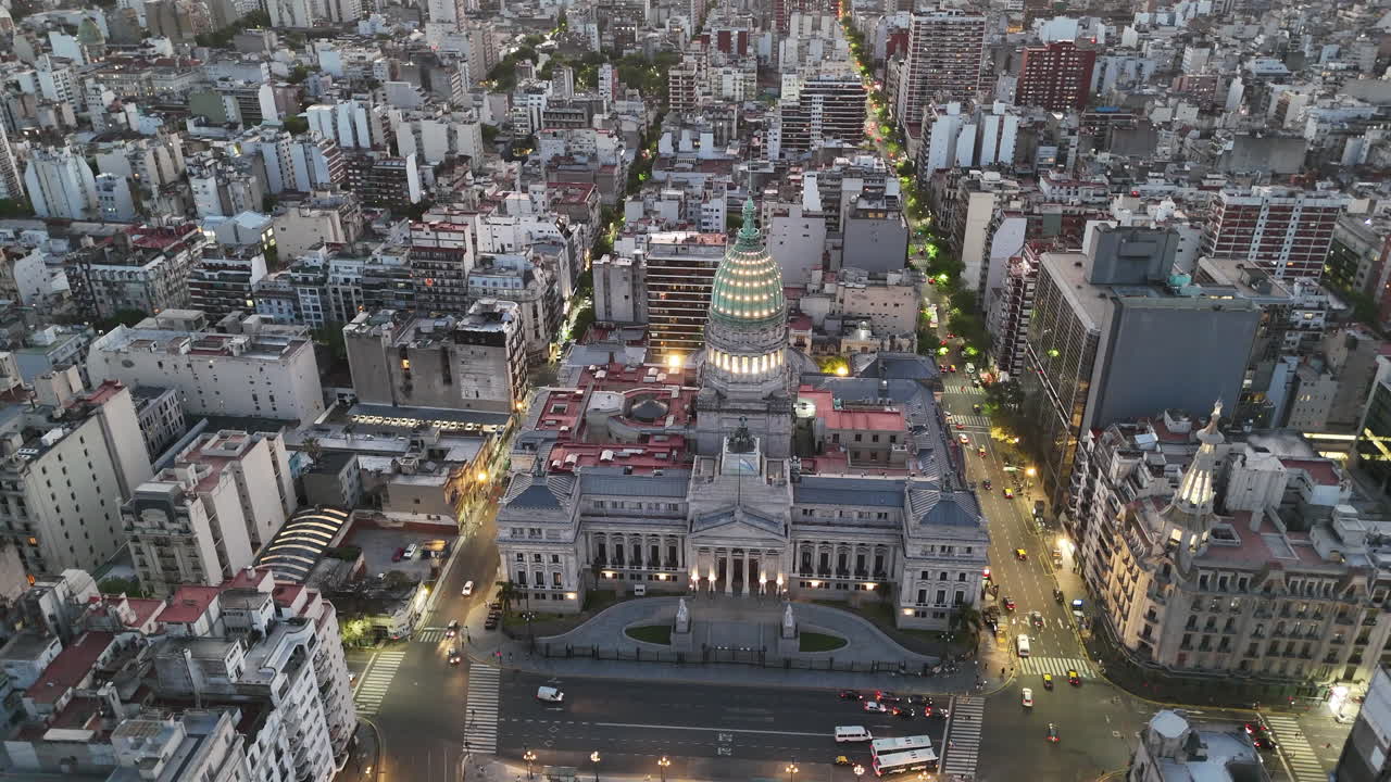 Aerial Night View of Buenos Aires City with Palacio del Congreso