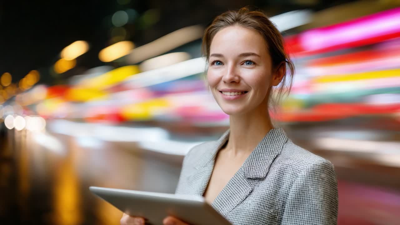 A Smiling Young Woman Holding a Tablet, Radiating Confidence Against a Vibrant Blurred City Background Filled with Colorful Lights at Night