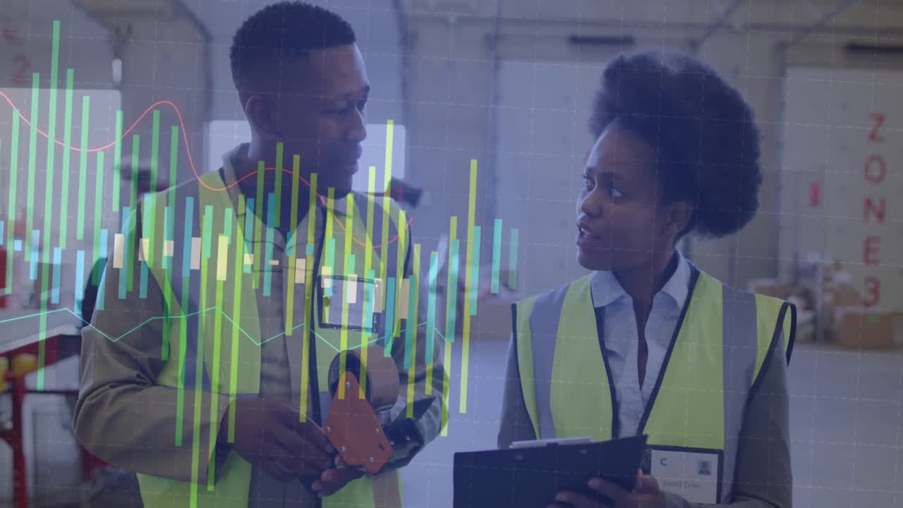 Animation of financial data processing over diverse people working in warehouse