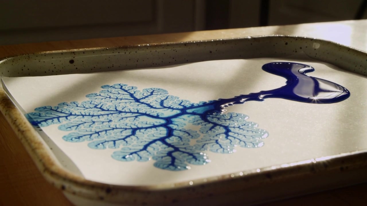 Una pozza di blu intenso si diffonde, creando venature sulla carta bianca in un vassoio su un piano di legno, formando un pizzo.